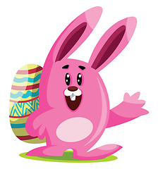 Image showing Pink Easter bunny with big ears carry an egg and waving  illustr