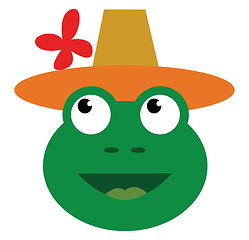 Image showing A happy green frog wearing a brown-orange top hat with red flowe