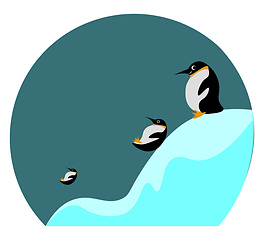 Image showing Cartoon picture of three penguins sliding and playing in the ice