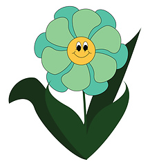 Image showing Simple cartoon of a smiling blue flower  with green leaves vecto