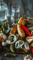 Image showing Vodka and traditional snack on wooden background