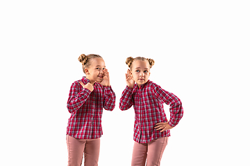 Image showing Young handsome girl arguing with herself on white studio background.