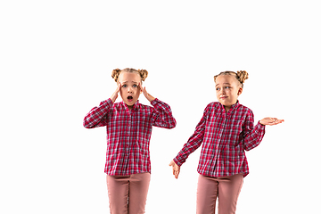 Image showing Young handsome girl arguing with herself on white studio background.