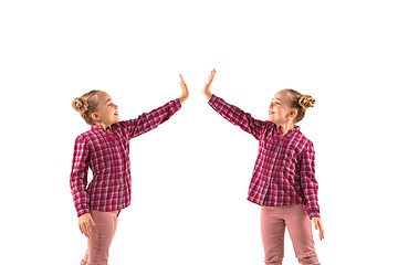 Image showing Young handsome girl arguing with herself on white studio background.