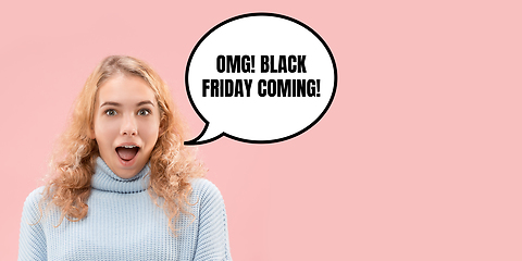 Image showing Portrait of woman surprised and shocked of black friday