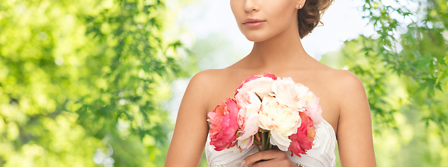 Image showing young woman or bride with bouquet of flowers