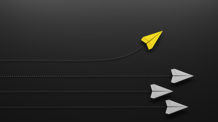 Image showing Group of paper planes flying in one direction and one turning in