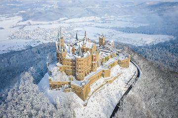 Image showing Aerial view of the Castle Hohenzollern in Germany by snowy winte