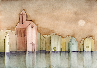 Image showing watercolor village and church