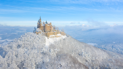 Image showing Aerial view of the Castle Hohenzollern in Germany by snowy winte