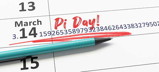 Image showing Calendar March the 14th happy Pi Day