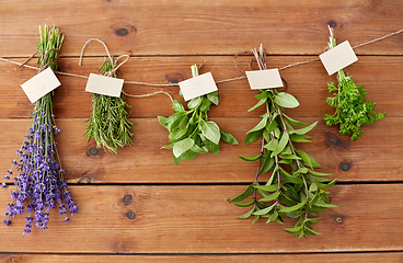 Image showing greens, spices or medicinal herbs on wood