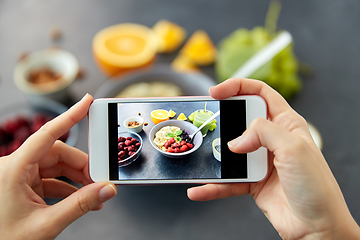 Image showing hands taking picture of breakfast with smartphone