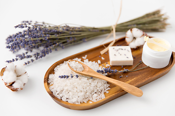 Image showing bath salt, lavender soap and body butter on tray