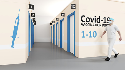 Image showing Corona vaccination center with walking in nurse