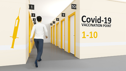 Image showing Corona vaccination center with walking in woman