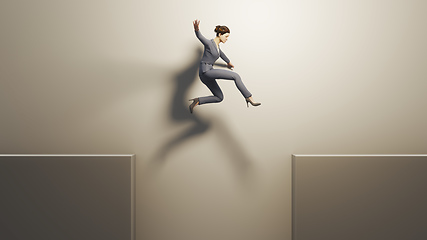 Image showing business woman jumps over a gap