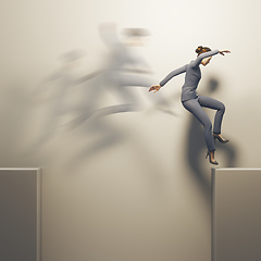 Image showing business woman jumps over a gap