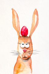 Image showing easter rabbit with a red egg between the ears watercolor paint