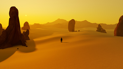 Image showing lonely man in the dry sunset desert