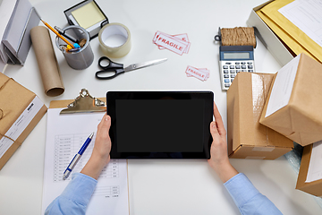 Image showing hands with tablet pc and clipboard at post office