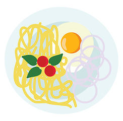 Image showing A plate of Italian spaghetti with tomato and sunny side up egg v