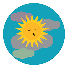 Image showing A clipart of a blue cloudy sky with bright yellow sleeping sun v