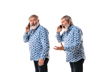 Image showing Senior man arguing with himself on white studio background.