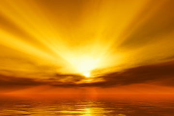 Image showing warm sunset over the ocean with god rays