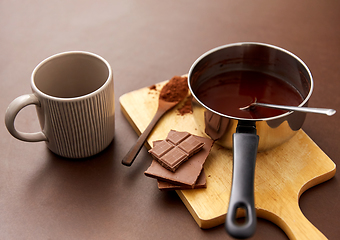 Image showing pot with hot chocolate, mug and cocoa powder