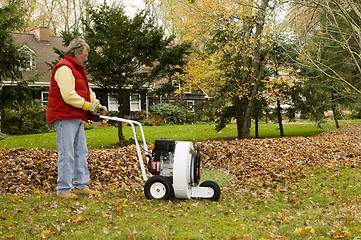 Image showing homeowner using professional leaf blower