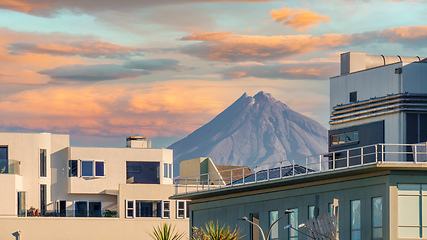 Image showing Mt. Taranaki in New Zealand between houses