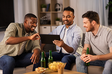 Image showing male friends with tablet pc drinking beer at home