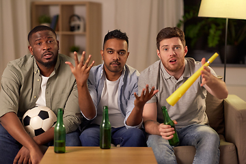 Image showing sad male friends or soccer fans with beer at home