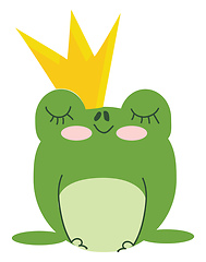 Image showing A green king frog wearing a golden crown on head is day dreaming