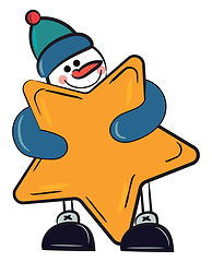 Image showing Snowman hugging golden star vector or color illustration