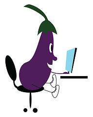 Image showing A cute eggplant emoji working in front of a blue computer screen