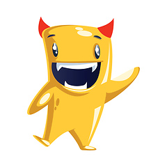 Image showing Happy waving yellow cartoon character with small red horns white