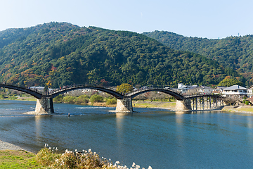 Image showing Wooden Arched Kintai Bridge in Japan