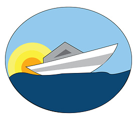 Image showing White boat on blue water with a yellow and orange sun in the bac