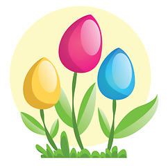 Image showing Yellow pink and blue Easter eggs on flower stems illustration we