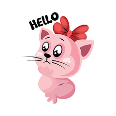 Image showing Baby pink kitty with red bow saying Hello vector illustration on