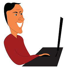 Image showing Caricature of a man in red shirt working on a laptop vector illu