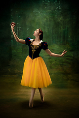 Image showing Young ballet dancer as a Snow White with poisoned apple in forest