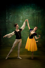 Image showing Young ballet dancers as a Snow White\'s characters in forest