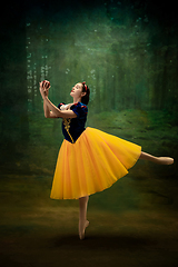 Image showing Young ballet dancer as a Snow White with poisoned apple in forest