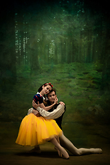 Image showing Young ballet dancers as a Snow White\'s characters in forest