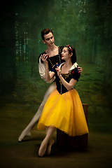 Image showing Young ballet dancers as a Snow White\'s characters in forest