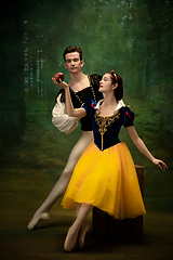 Image showing Young ballet dancers as a Snow White\'s characters in forest