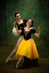 Image showing Young ballet dancers as a Snow White\'s characters in forest